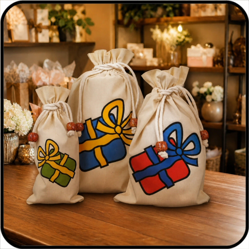 Osca Calico Reusable Gift Bags - Christmas Ribbons